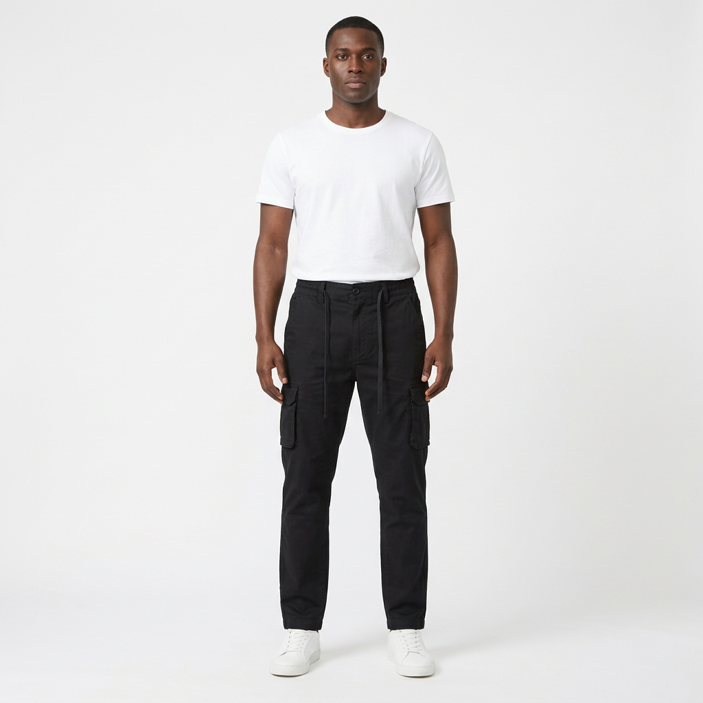 Black cargo trousers styled with a white T-shirt and trainers