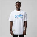 Black Nigerian male model wearing a white Brooklyn 27 graphic T-shirt