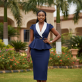 Women's white-collar peplum belted midi dress in navy blue – Nigerian female model front view