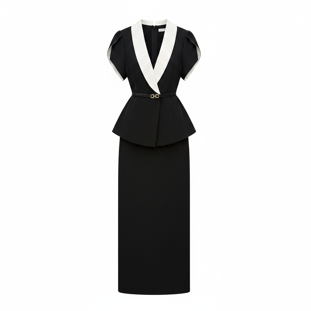 Women's white-collar peplum belted midi dress in black – ghost mannequin front view