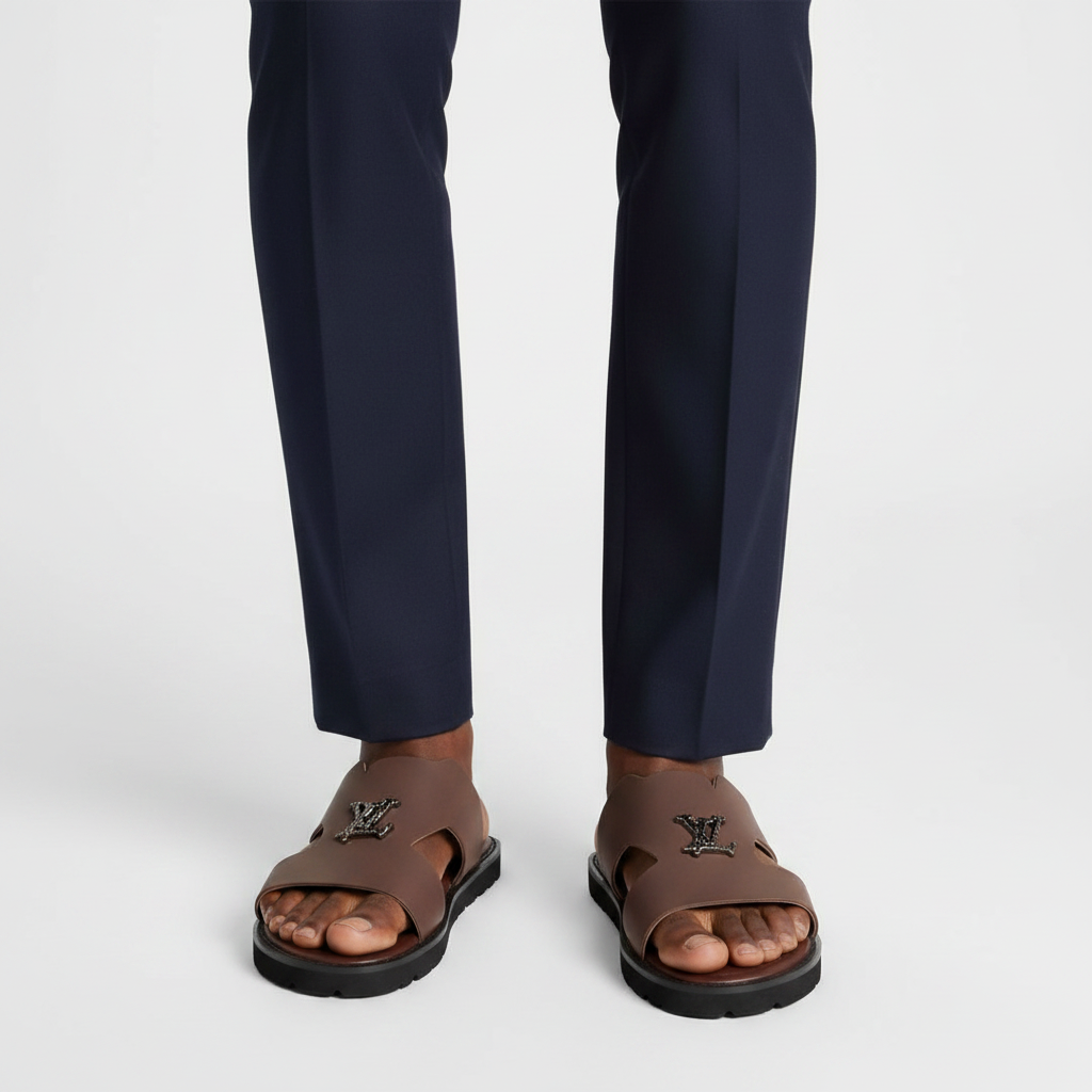 Close-up leg focus of men's brown H-strap slide sandals with dark navy trouser hem