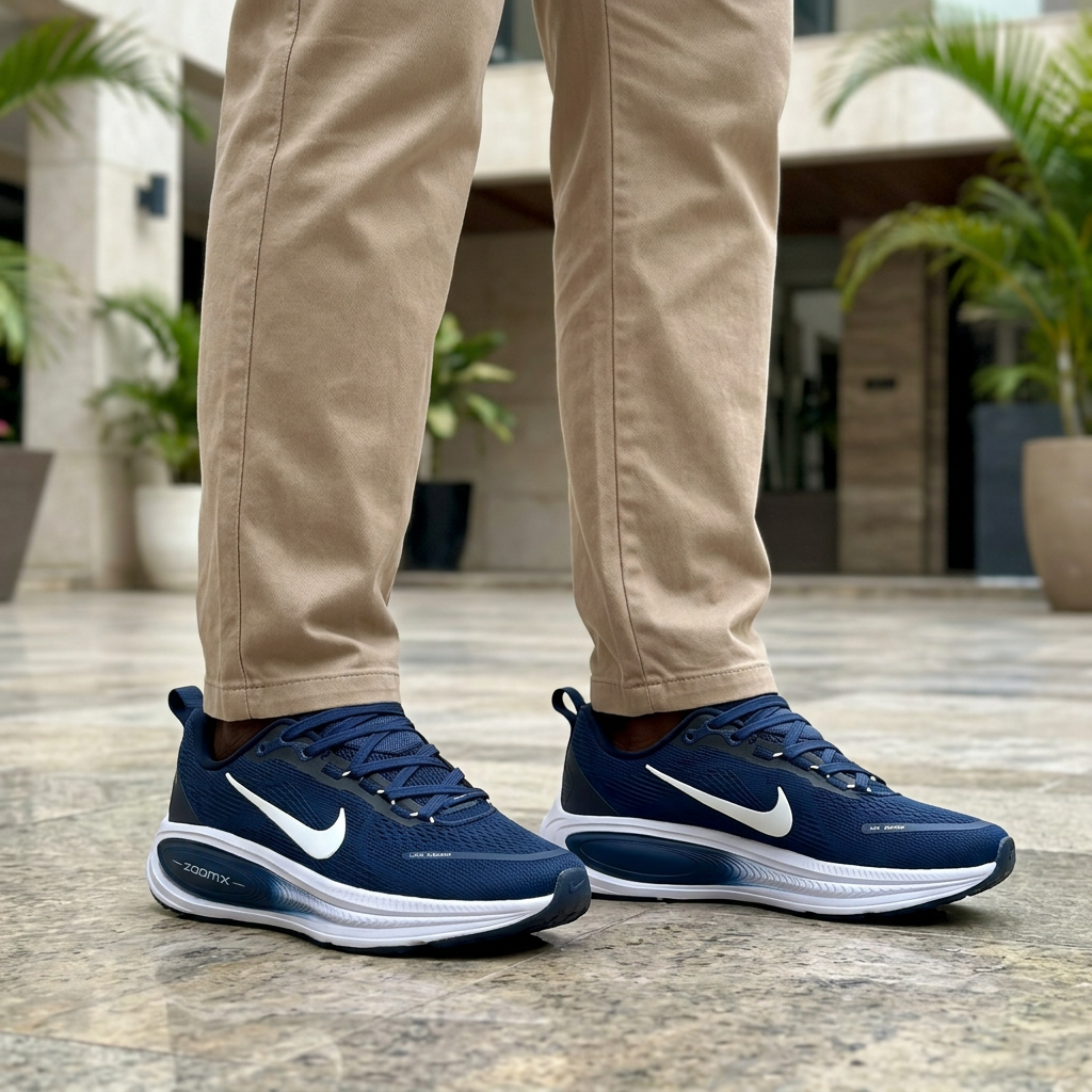 Navy and white mesh sneakers worn with neutral chinos