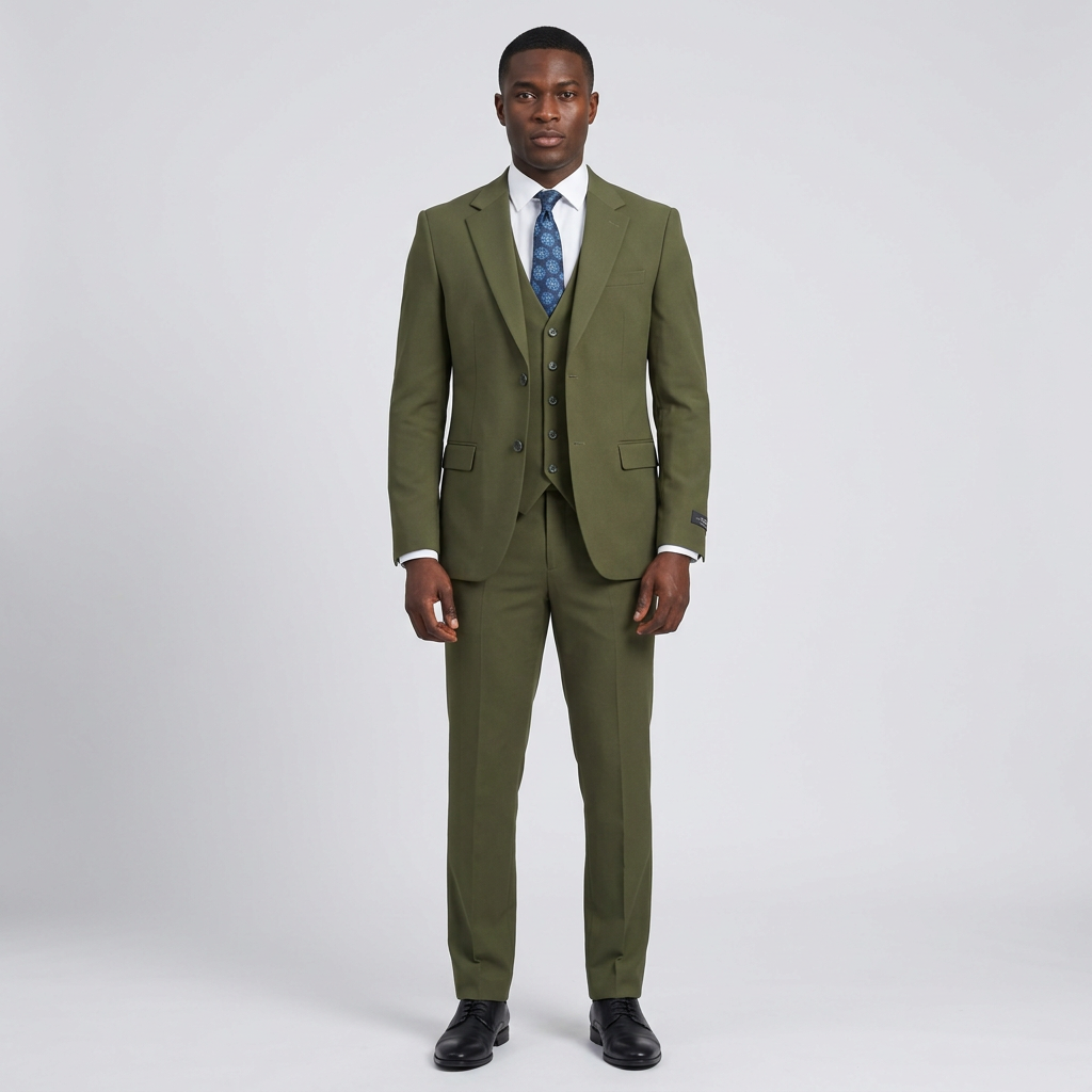Full-body Black adult model wearing an olive green three-piece suit