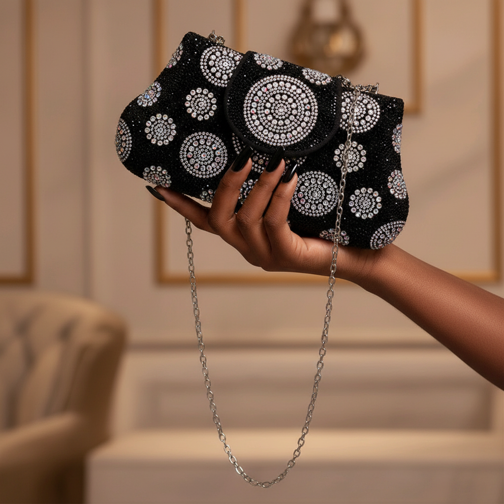 Black Nigerian woman's polished hand holding Enemuo Black Velvet Circle Rhinestone Clutch