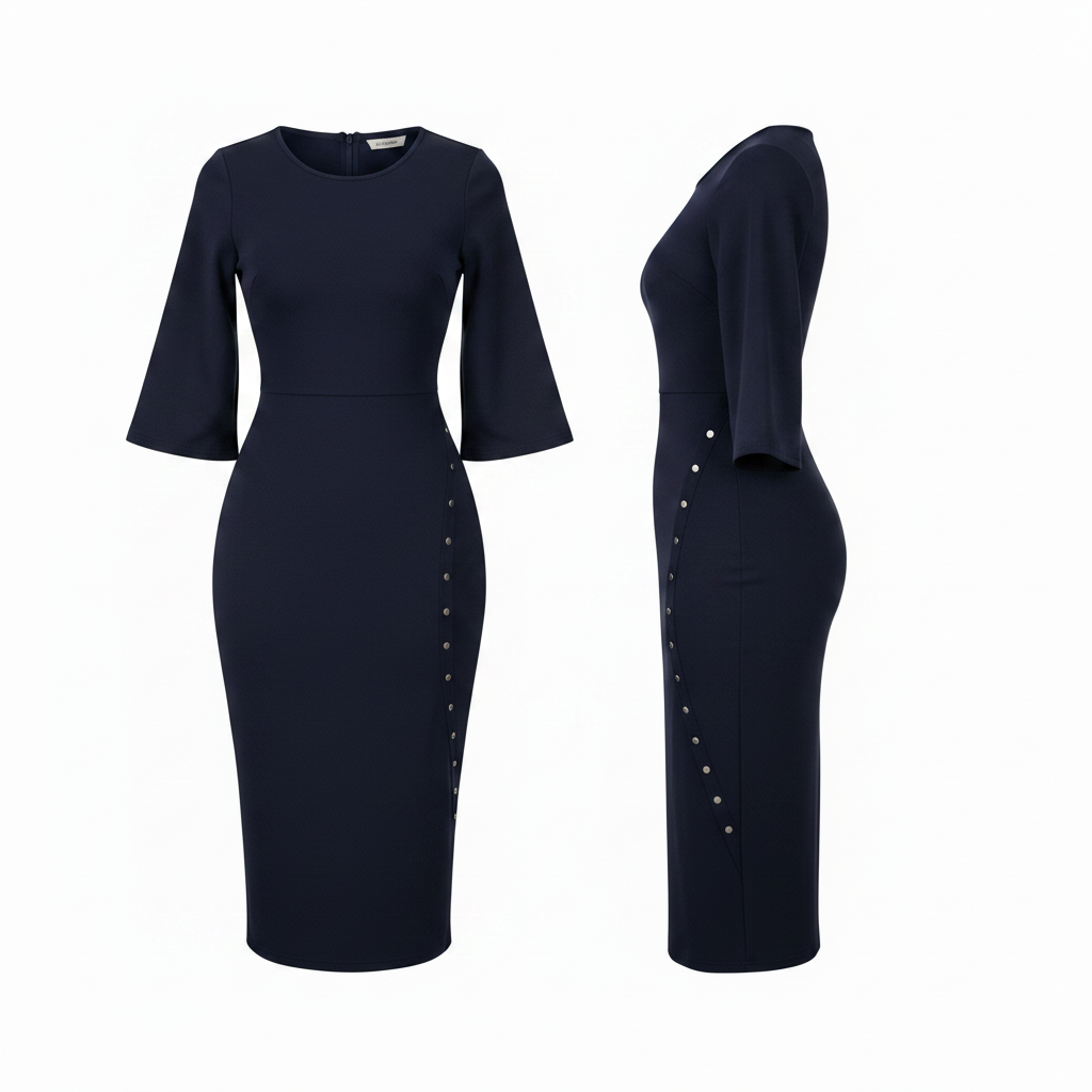 Women's Navy Blue Button-Side Bodycon Midi Dress – Ghost Mannequin Front and Side View