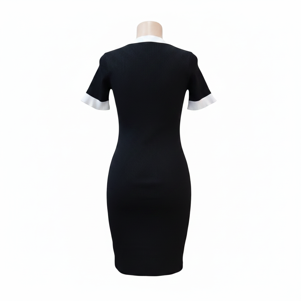 Ghost mannequin back view - black white wrap ribbed bodycon dress