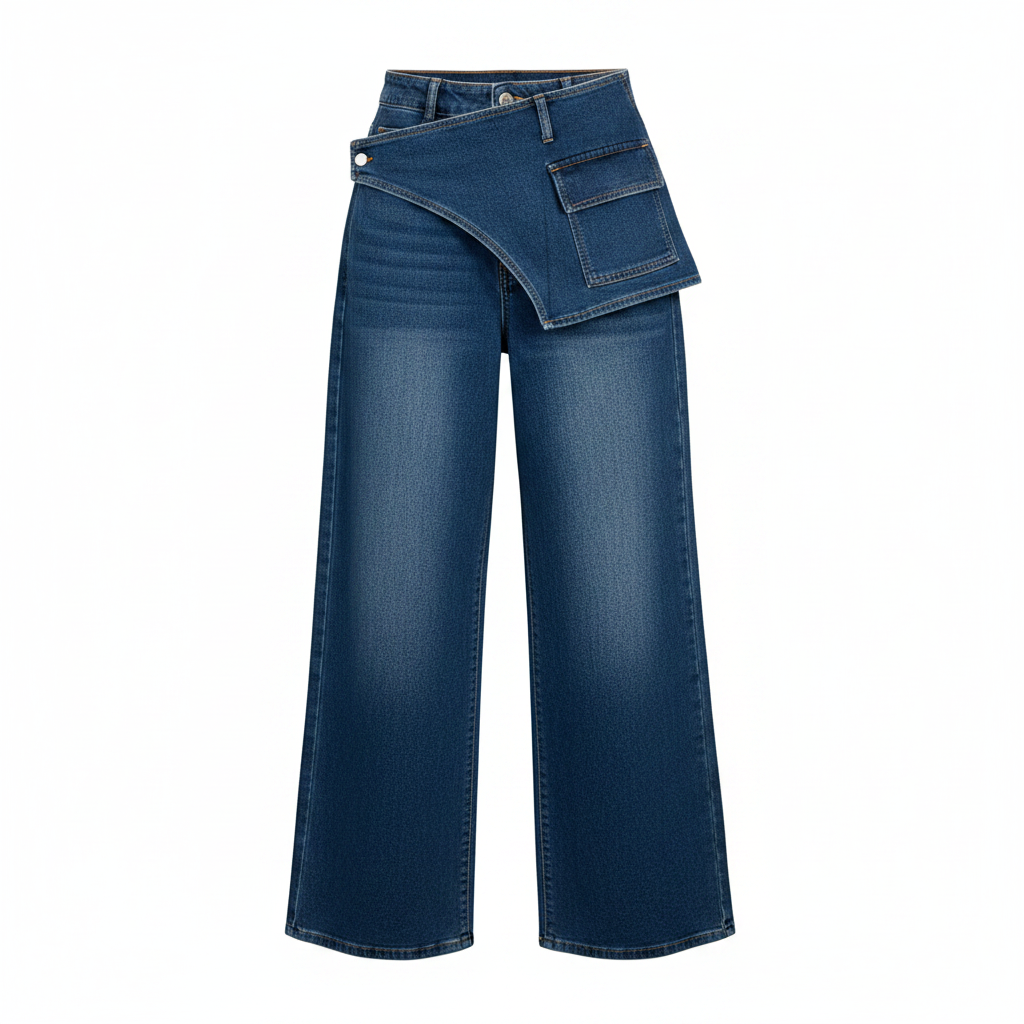 Women's dark blue baggy denim jeans with asymmetric wrap panel ghost mannequin view on white background