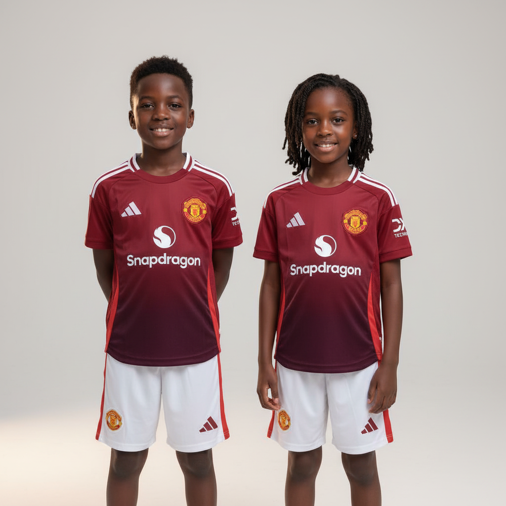 Black Nigerian boy and girl wearing Manchester United FC kids maroon home kit with white shorts