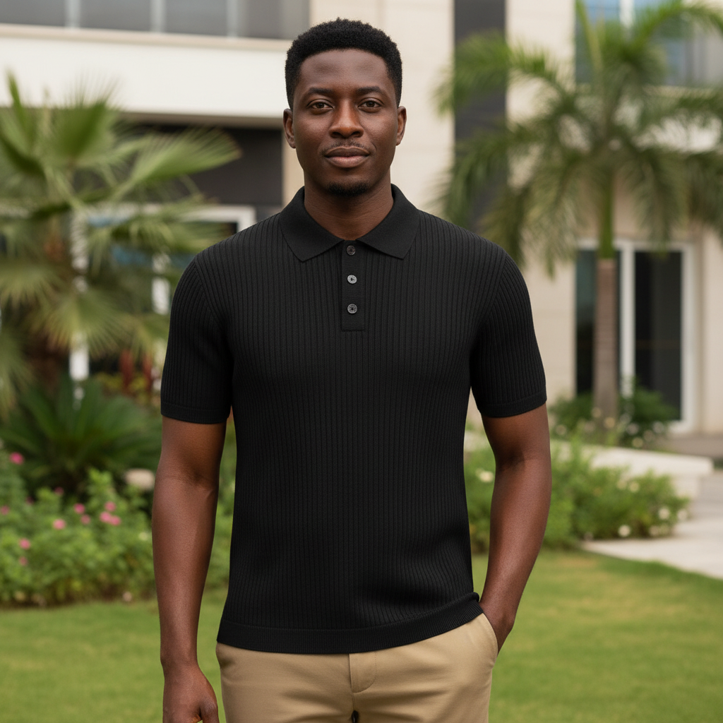 Black Ribbed Knit Polo – Nigerian male model front view