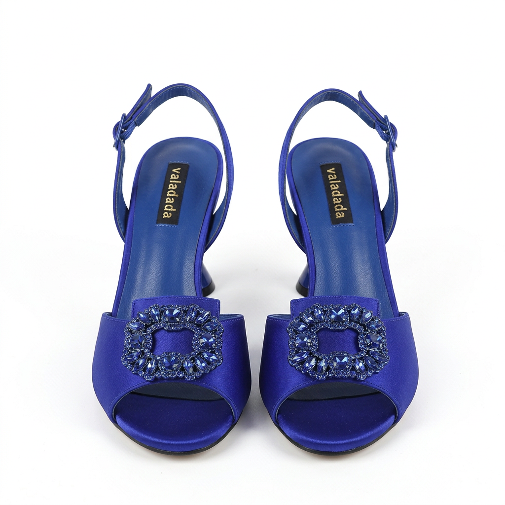 Blue embellished slingback heeled sandals pair