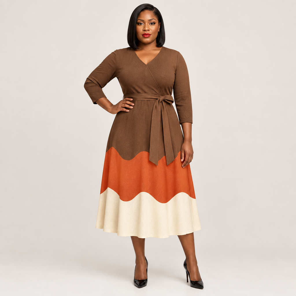 Black Nigerian model wearing a brown, burnt-orange and ivory color-block midi dress with a self-tie waist