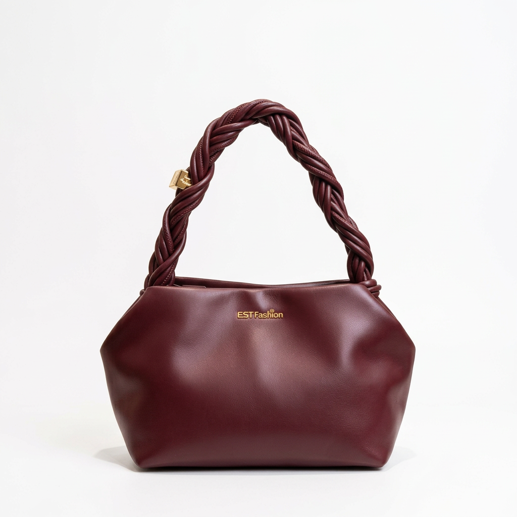 Burgundy gathered handbag with thick braided handle and gold-tone details