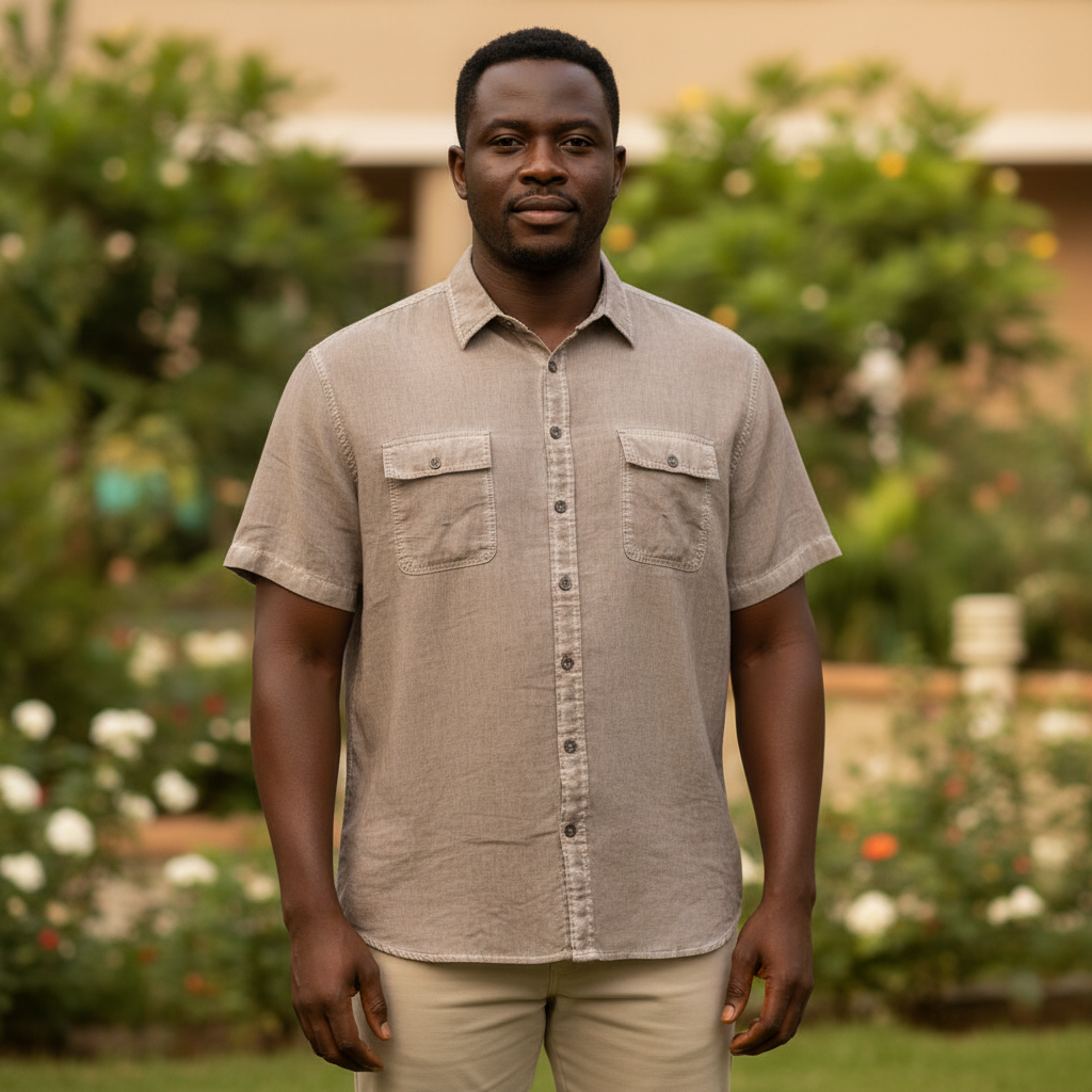Nigerian male model wearing Washed Linen Short Sleeve Shirt front view