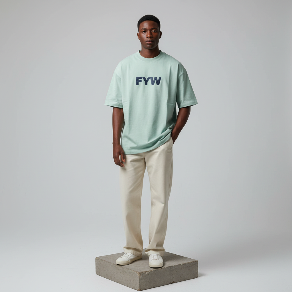 Mint Green Graphic Round Neck Short-Sleeved Shirt - Model Shot