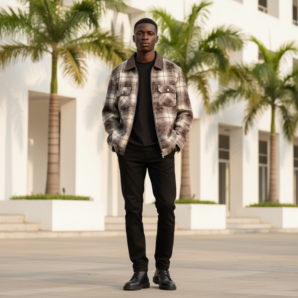 Model wearing brown plaid tweed distressed zip jacket