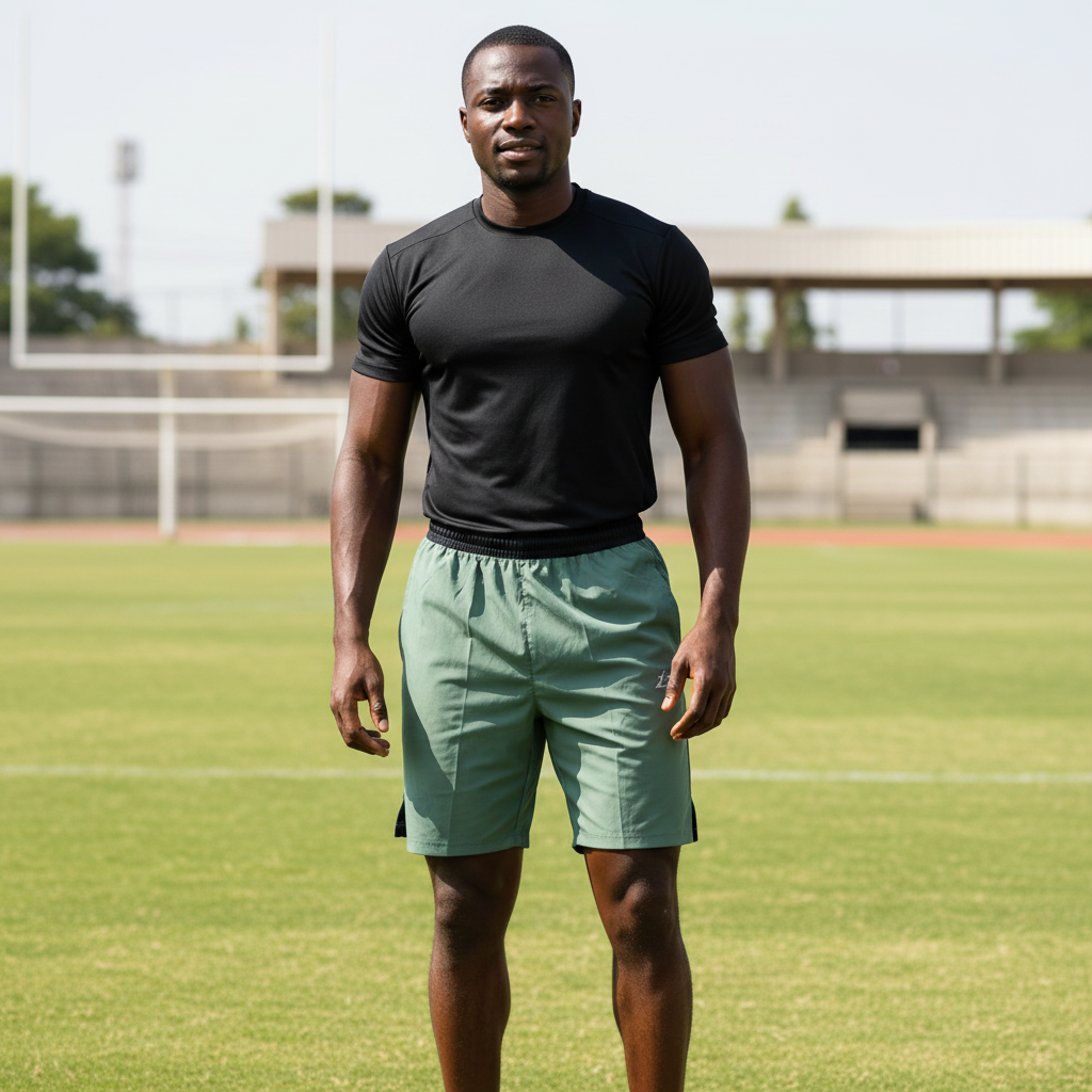 Black Nigerian male model wearing seaweed green premium sport shorts with black jersey on football pitch sideline