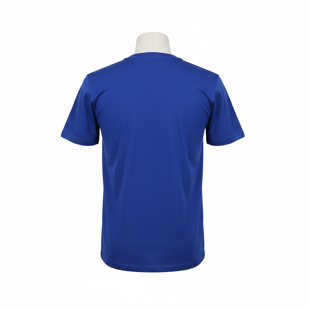 Ghost mannequin back view of royal blue T-shirt