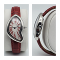 Asymmetric silver watch with burgundy Roman numerals front and side view product shot