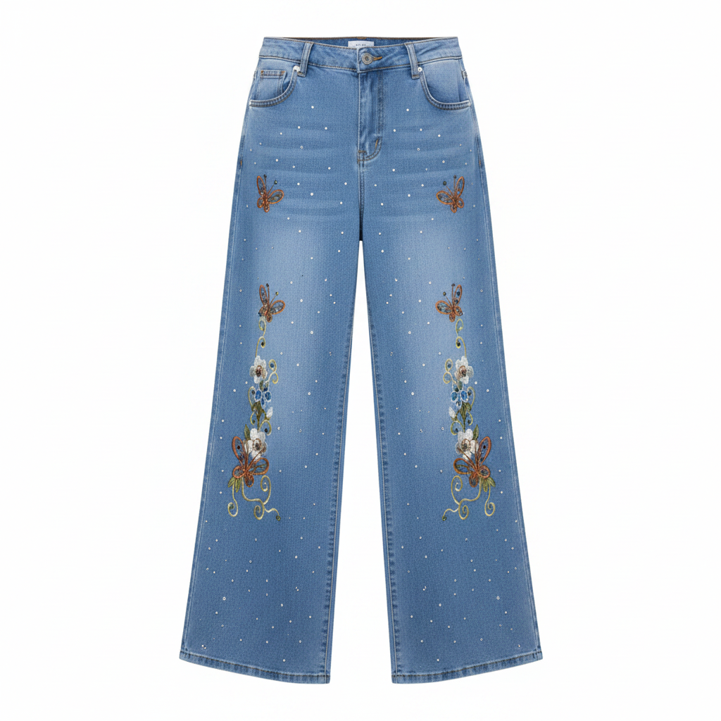 Women's Light Blue Butterfly Embroidered Wide-Leg Denim Jeans – Ghost Mannequin