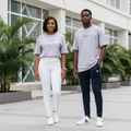 Unisex model shot – John Store Happy Smile Grey Oversized Unisex T-Shirt