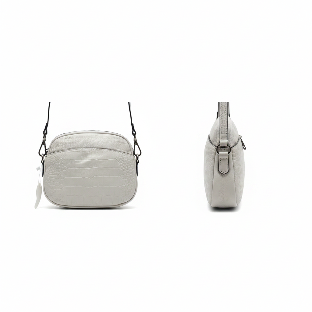 Ghost mannequin style leather crossbody bag catalog shot, front and side view