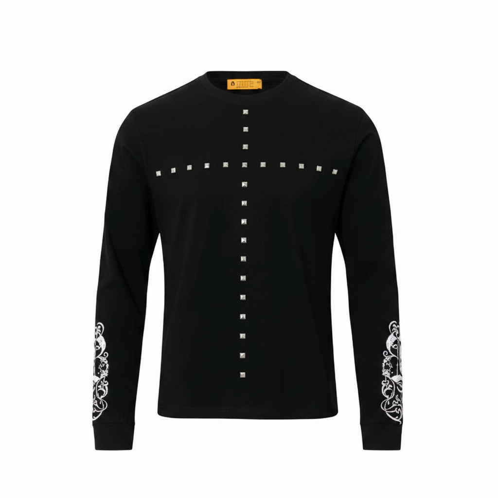 Black studded cross long sleeve tee front view
