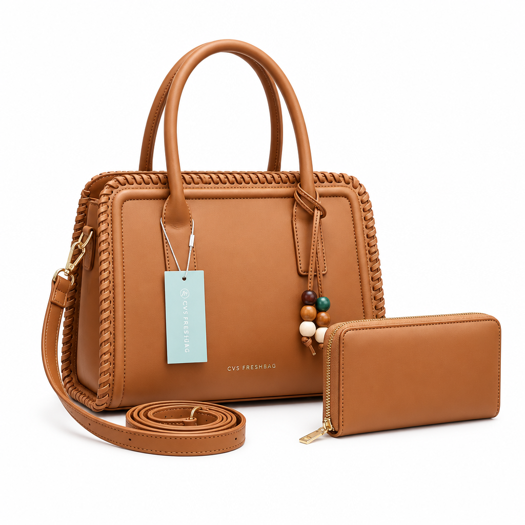 Tan woven-edge handbag and matching zip purse on white background