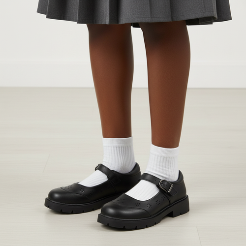 Leg-focus lifestyle shot of black buckle strap Mary Jane school shoes on a young woman wearing a pleated skirt and white ankle socks