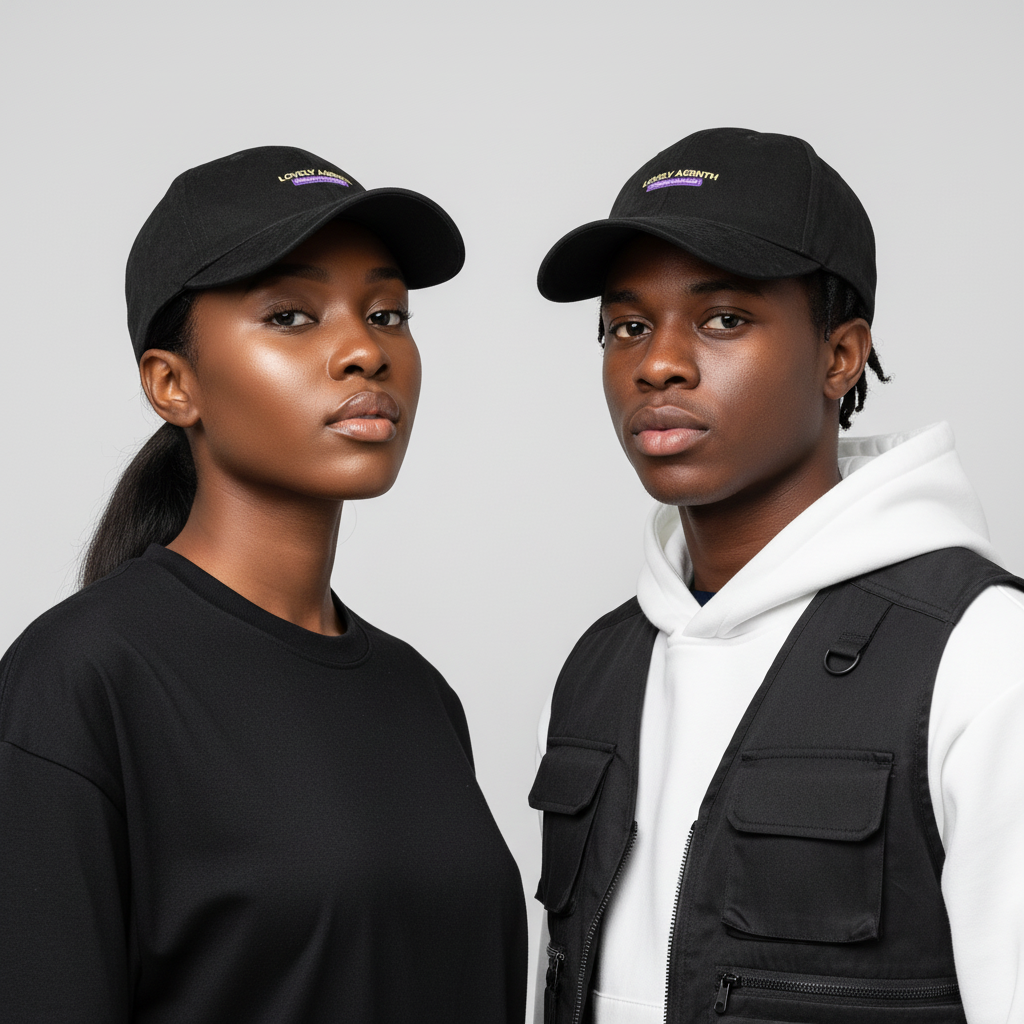 Nigerian Gen Z male and female models wearing black suede-texture slogan dad cap