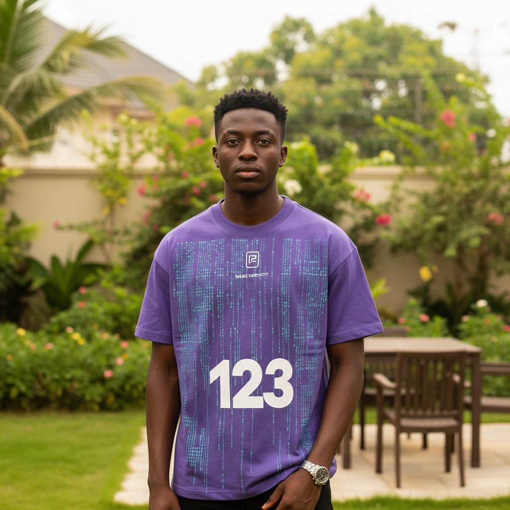 Nigerian male model wearing men's purple binary code graphic print shirt