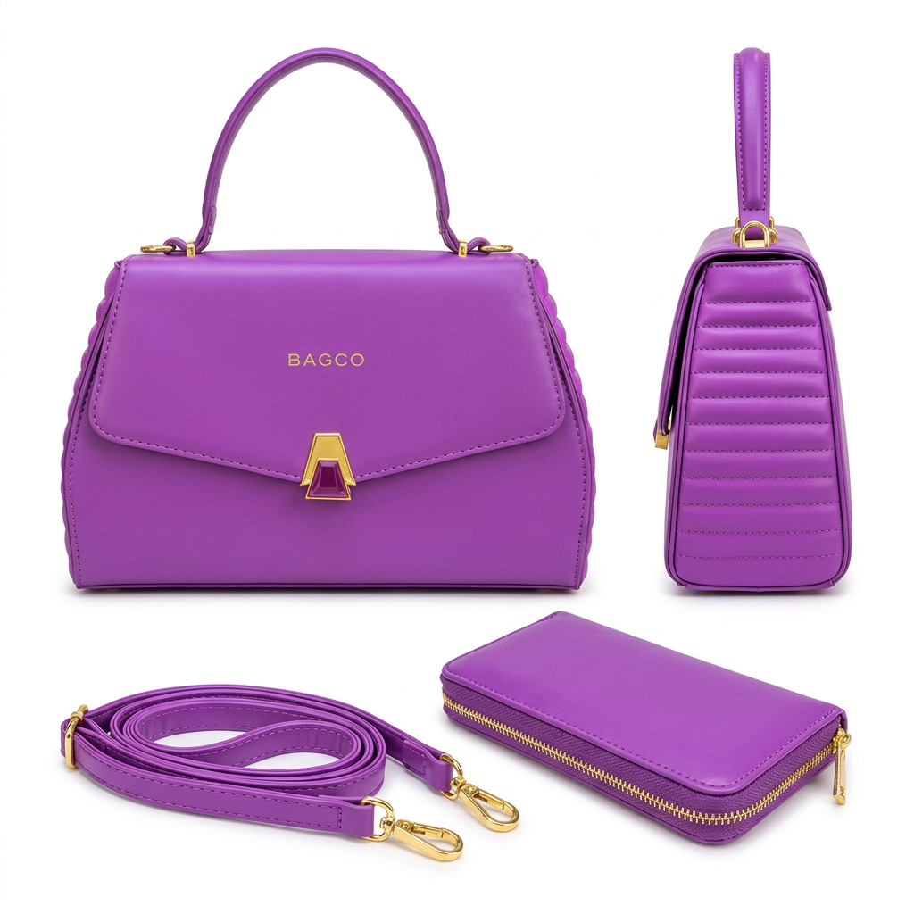 Purple top-handle handbag front and side views with matching wallet and shoulder strap