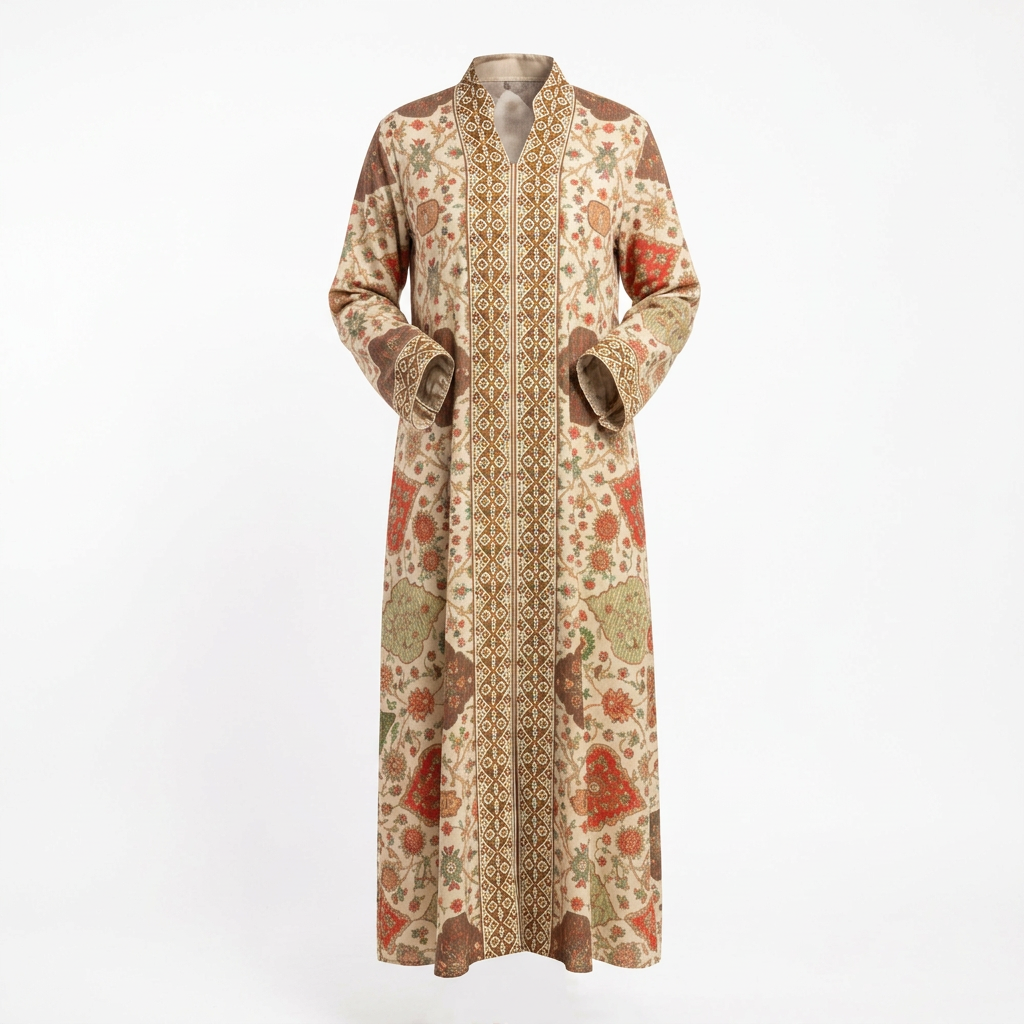 Cream floral abaya ghost image matching the model’s straight drape and bent sleeves