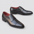 Men's black cap-toe lace-up shoes, front and side view