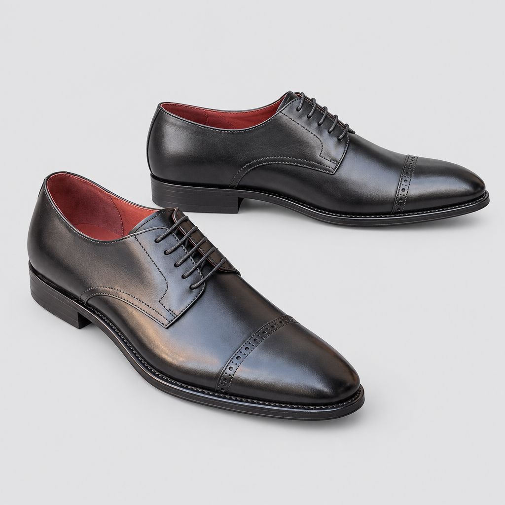 Men's black cap-toe lace-up shoes, front and side view