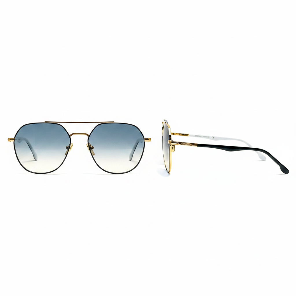 Unisex round aviator sunglasses gold double-bridge gradient blue clear lens black inner rim silver temple – front and side view