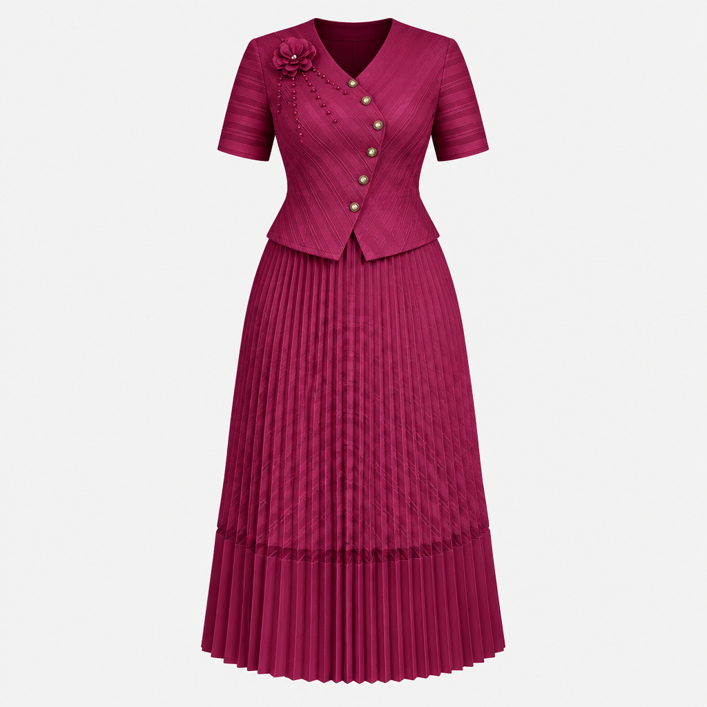 Berry V-neck pleated dress on invisible mannequin