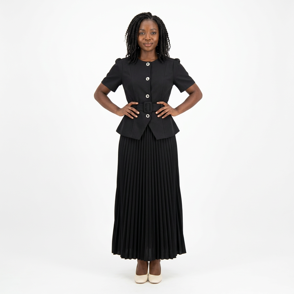 Full-body model wearing the black belted pleated skirt set