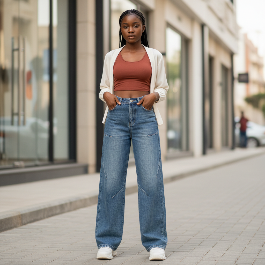 Nigerian teenage girl model wearing high-waist wide-leg panel jeans