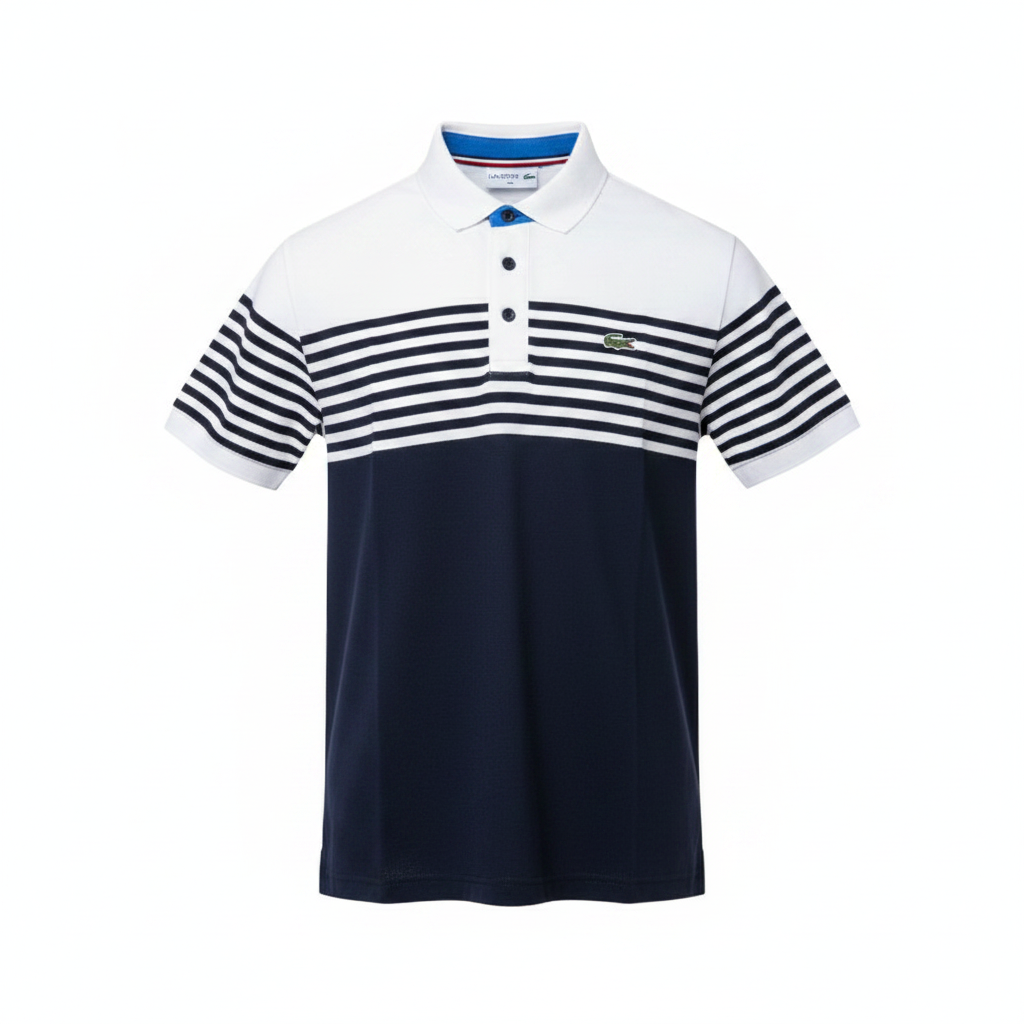 Men's navy and white colour-block striped polo shirt, ghost mannequin front view