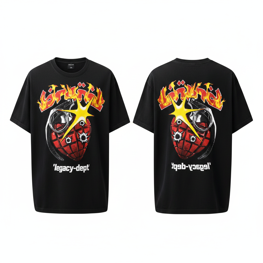 Men's black short-sleeve flame and grenade graphic tee ghost mannequin front and back view
