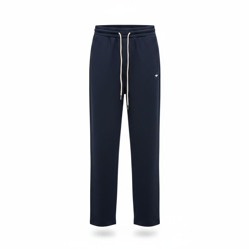 Navy blue shark logo relaxed fit drawstring jogger sweatpants ghost mannequin