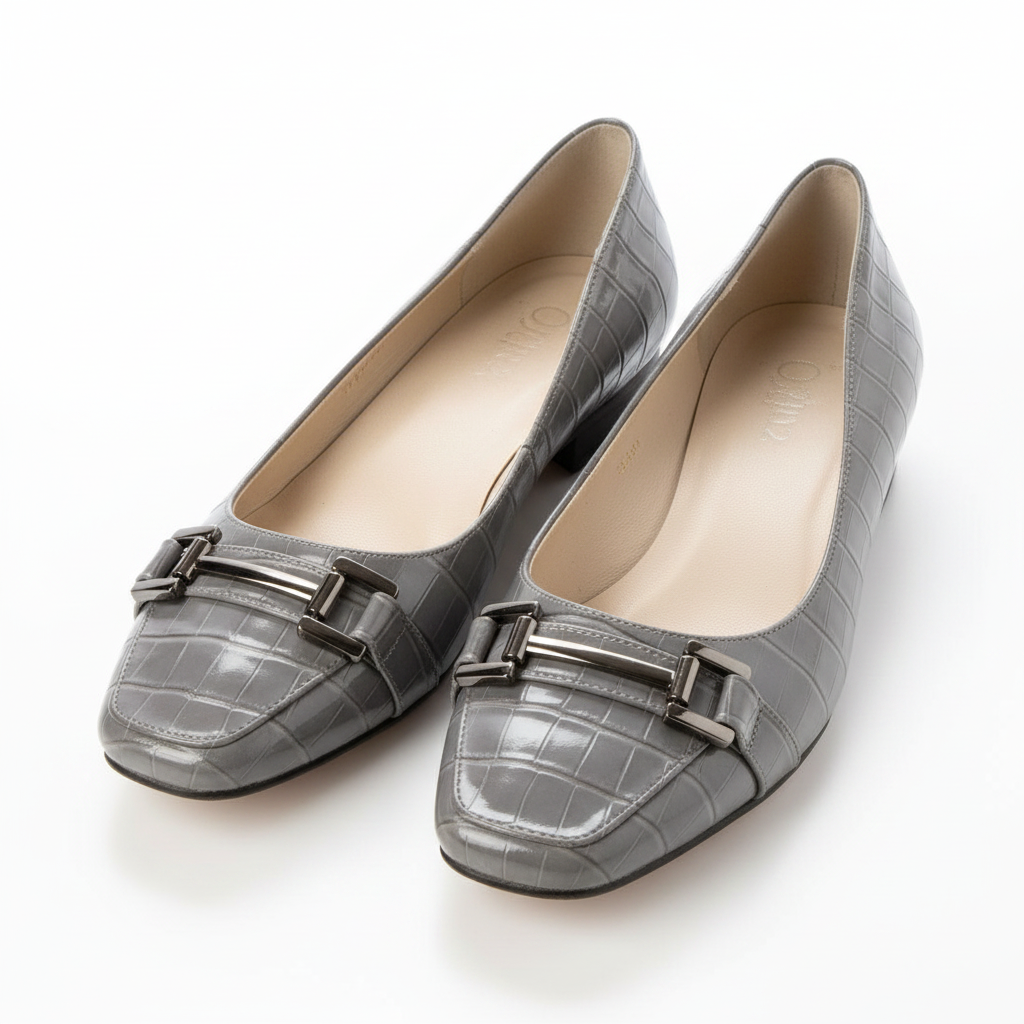 Women's grey croc flat pumps with bar buckle – ghost mannequin pair