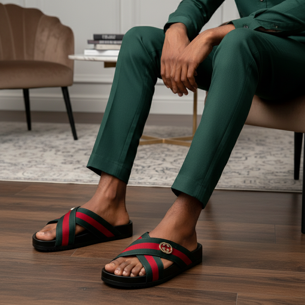 Green Red Web Stripe Cross-Strap Palm Slide - Model Shot