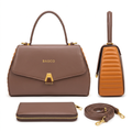 Taupe and caramel handbag front and side views with matching wallet and strap