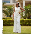 Model shot — Women's White Embroidered Diamond Wide-Leg Trousers