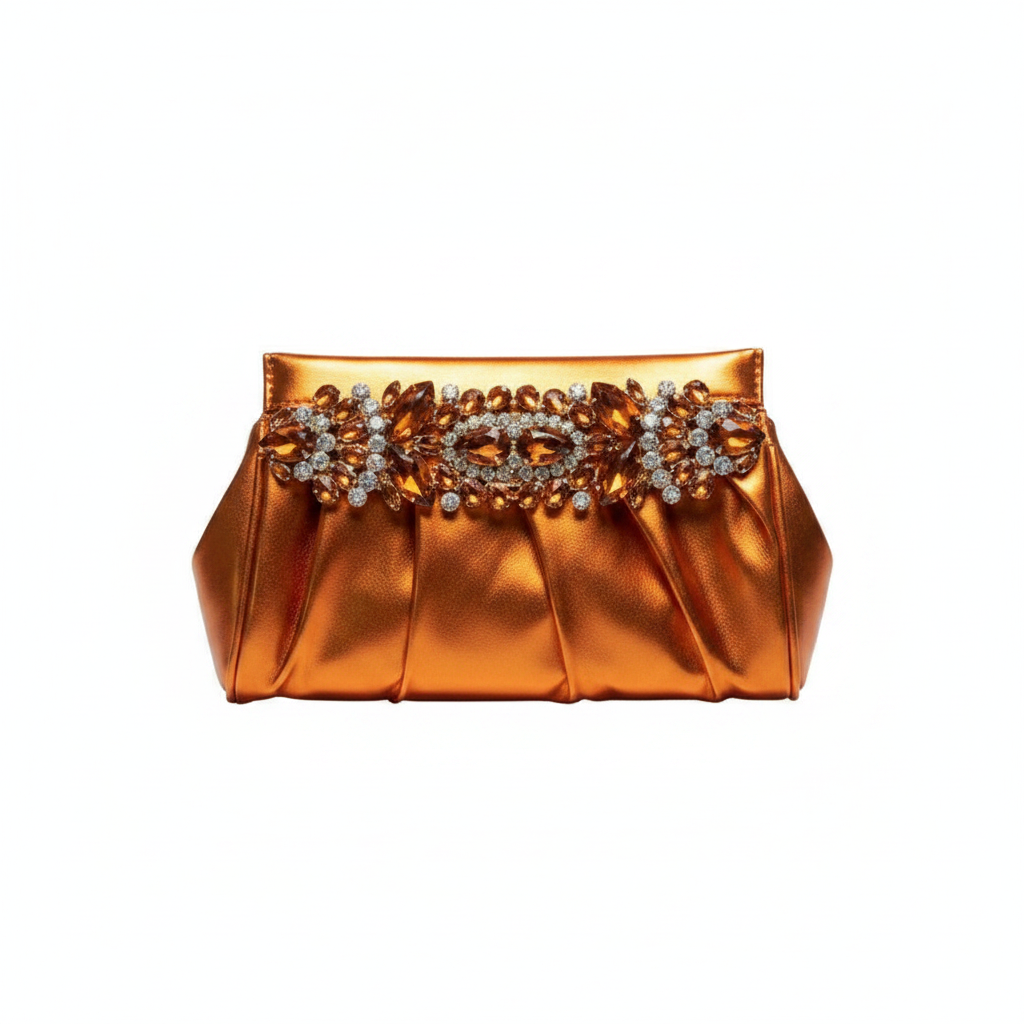 Enemuo Ruched Metallic Crystal Brooch Clutch in Orange – ghost mannequin on white background