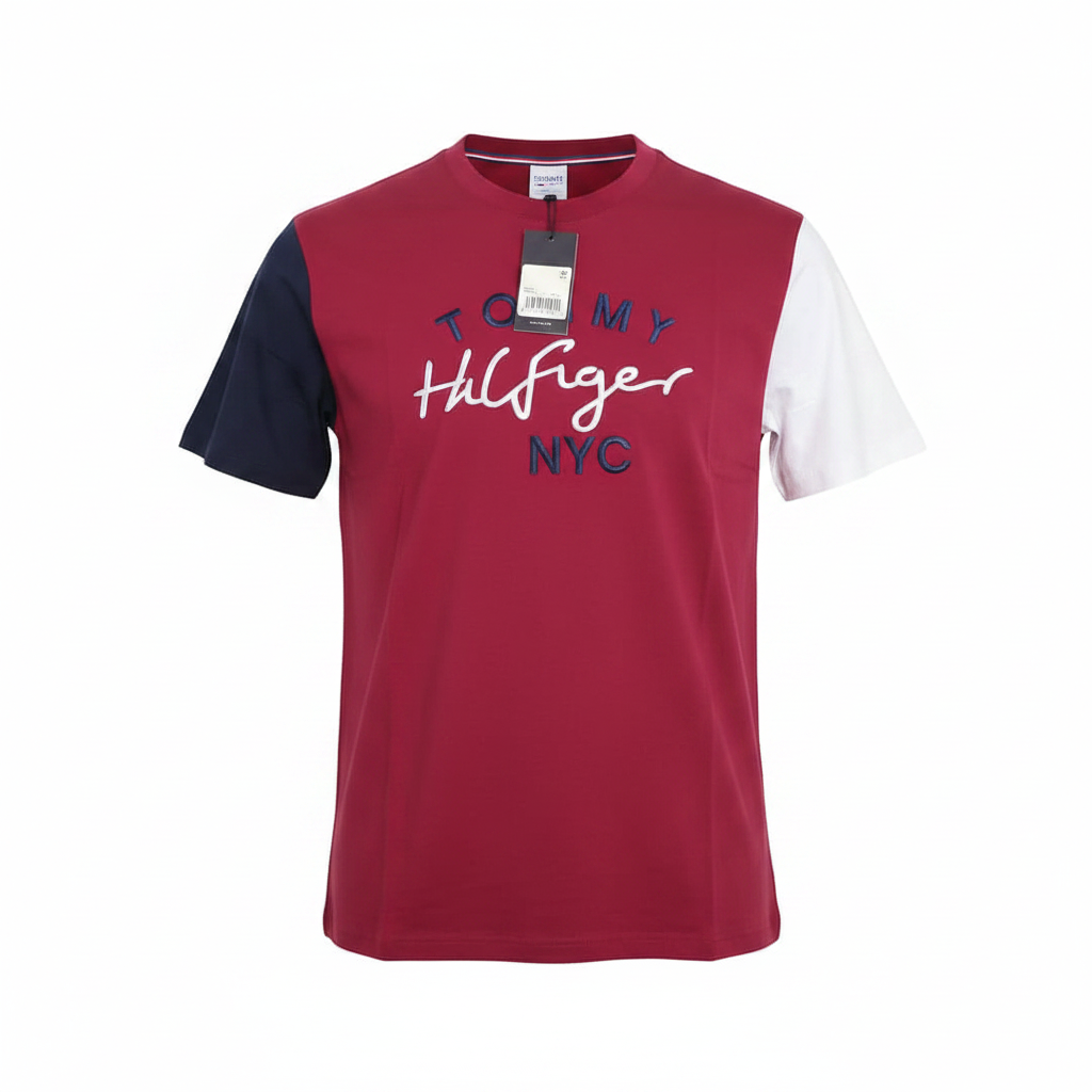 Ghost mannequin front view of red colourblock short-sleeved shirt