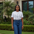 Women's white all-over logo print crew neck tee - model shot