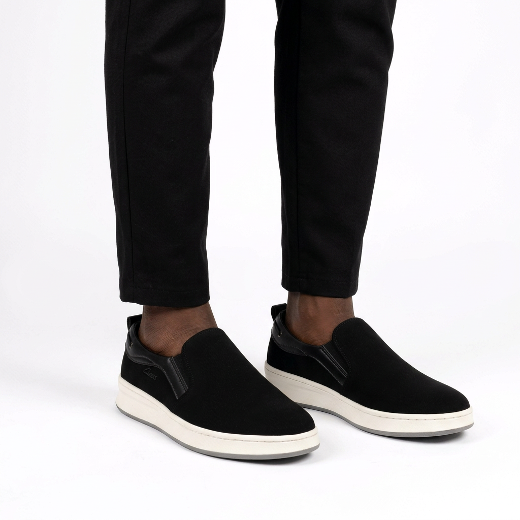 Black textured slip-on shoes worn with black ankle trousers