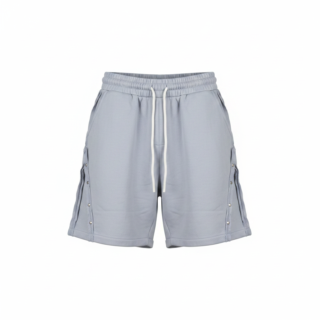 Men's light ash grey snap-detail distressed sweat shorts — ghost mannequin front view